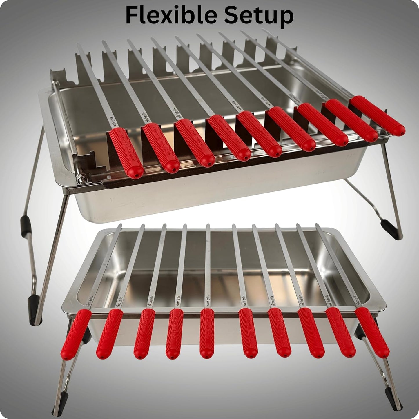 𝗖𝗵𝗮𝗿𝗰𝗼𝗮𝗹 𝗞𝗮𝗯𝗼𝗯 𝗚𝗿𝗶𝗹𝗹 by 𝗡𝗼𝗿𝘁𝗵 𝗚𝗿𝗶𝗹𝗹𝘀: precise heat control, silicone-handle square & flat skewers, charcoal starter tool, tongs, BBQ gloves, and storage & travel bags.