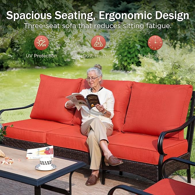 PHI VILLA Patio Furniture Set with 56" Fire Pit Table, Premium Outdoor Wicker Metal Frame Furniture with Upgraded Waterproof Thick Cushions for Porch, Poolside, Deck, and Yard