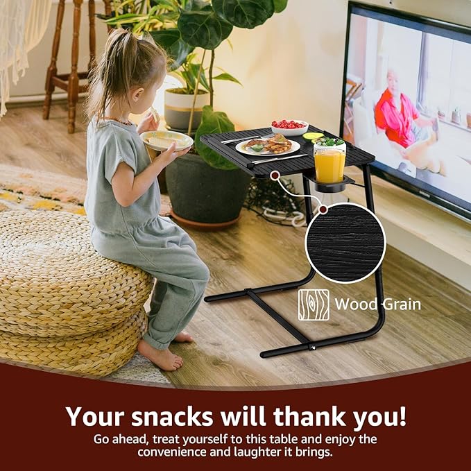 TV Trays Set of 2 - Folding TV Tray Adjustable Dinner Trays for Eating On Couch Wooden Tables Mate Stand Foldable Black Desk with Cup Holder Portable
