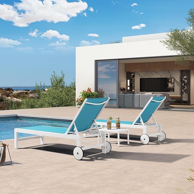 PURPLE LEAF Outdoor Chaise Lounge Set of 4 White Aluminum Lounge Chair Outdoor with Wheels Five-Position Adjustable Patio Lounge Chair for Pool Deck Yard, Turquoise
