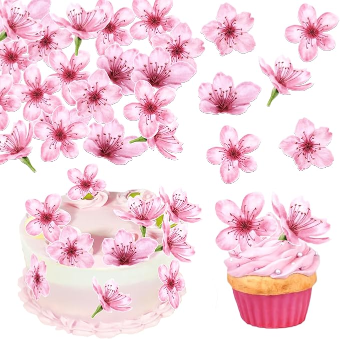 40 PCS Edible Cherry Blossoms Cupcake Toppers Edible Cherry Blossoms Flowers Cake Decorations Wafer Paper Flowers Cupcake Topper for Baby Shower Wedding Birthday Party Decorations Supplies Colorful