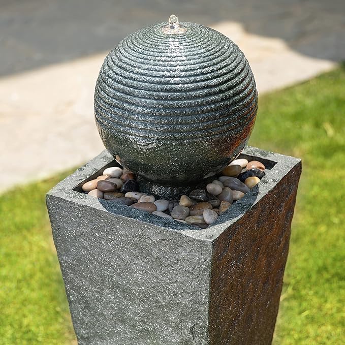 Glitzhome Outdoor Water Fountain with LED Light, Decorative Sphere Pedestal Outdoor Fountain with Submersible Pump, Vintage Waterfall Fountains for Garden Patio Deck Porch, 31.69”H
