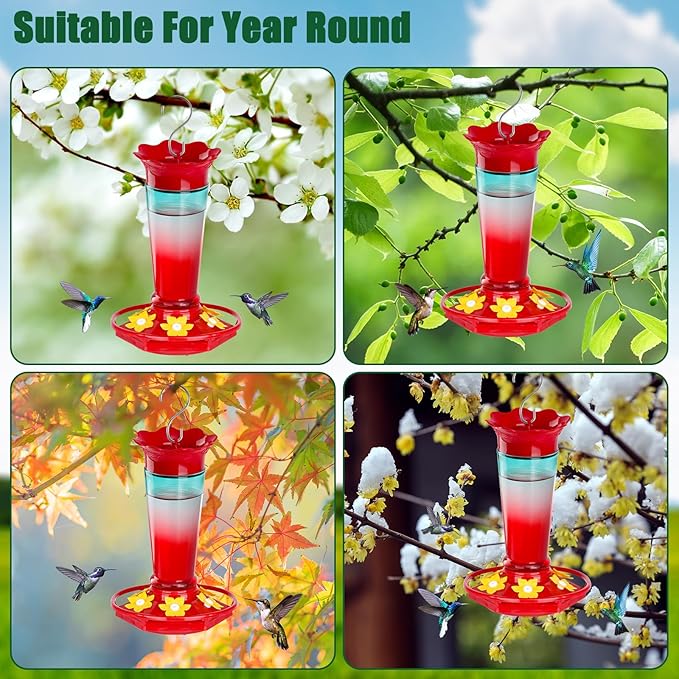 Glass Hummingbird Feeders for Outdoors Hanging Ant and Bee Proof Red & Blue 10OZ 2Pack Bird Feeders for Outside Hanging 6 Feeding Stations Bird Nectar Feeder for Garden Yard Décor Gift for Mom