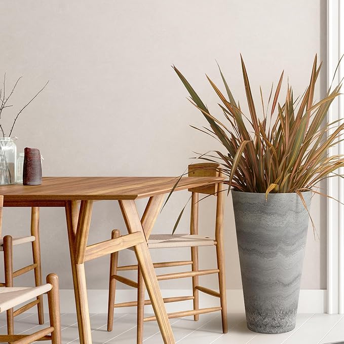 Worth Garden 2-Pack Grey Matte Texture Round Tapered Planter - 24.5" H. Tall Plastic Plant Pots with Drain Hole for Indoor Outdoor - Modern Decorative Flower Pots for Front Porch, Patio, Deck