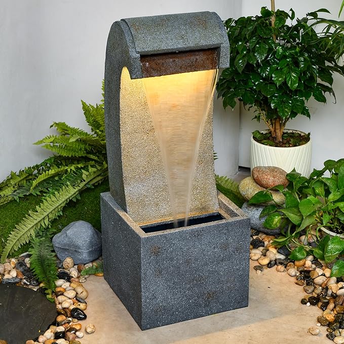 35.83'' Outdoor Garden Cascading Stone Floor-Standing Waterfall Fountain with LED Lights for Patio, Backyard, Deck, Porch and Home Art Decor