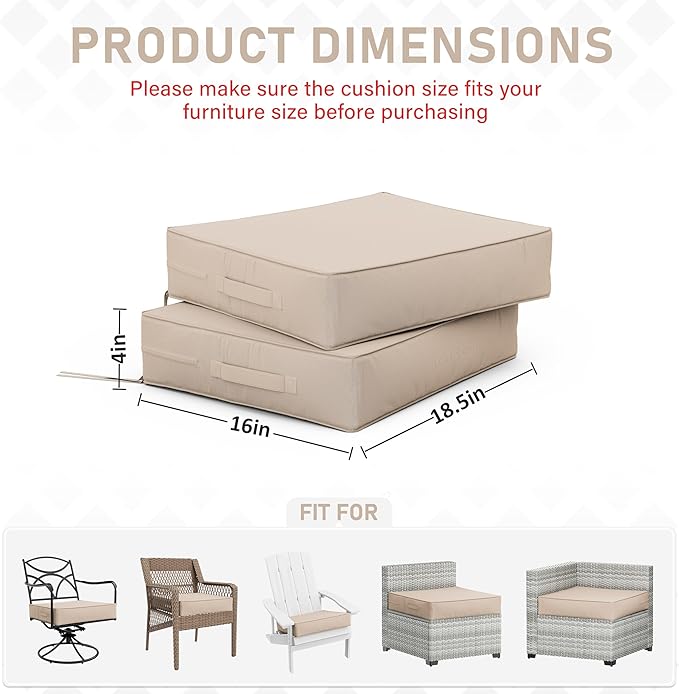 Patio Chair Cushions 18.5 X 16 X 4 Inch Waterproof Outdoor Seat Cushions for Patio Furniture, Outdoor Sofa Couch Pads with Ties & Handle, Set of 2, Sand