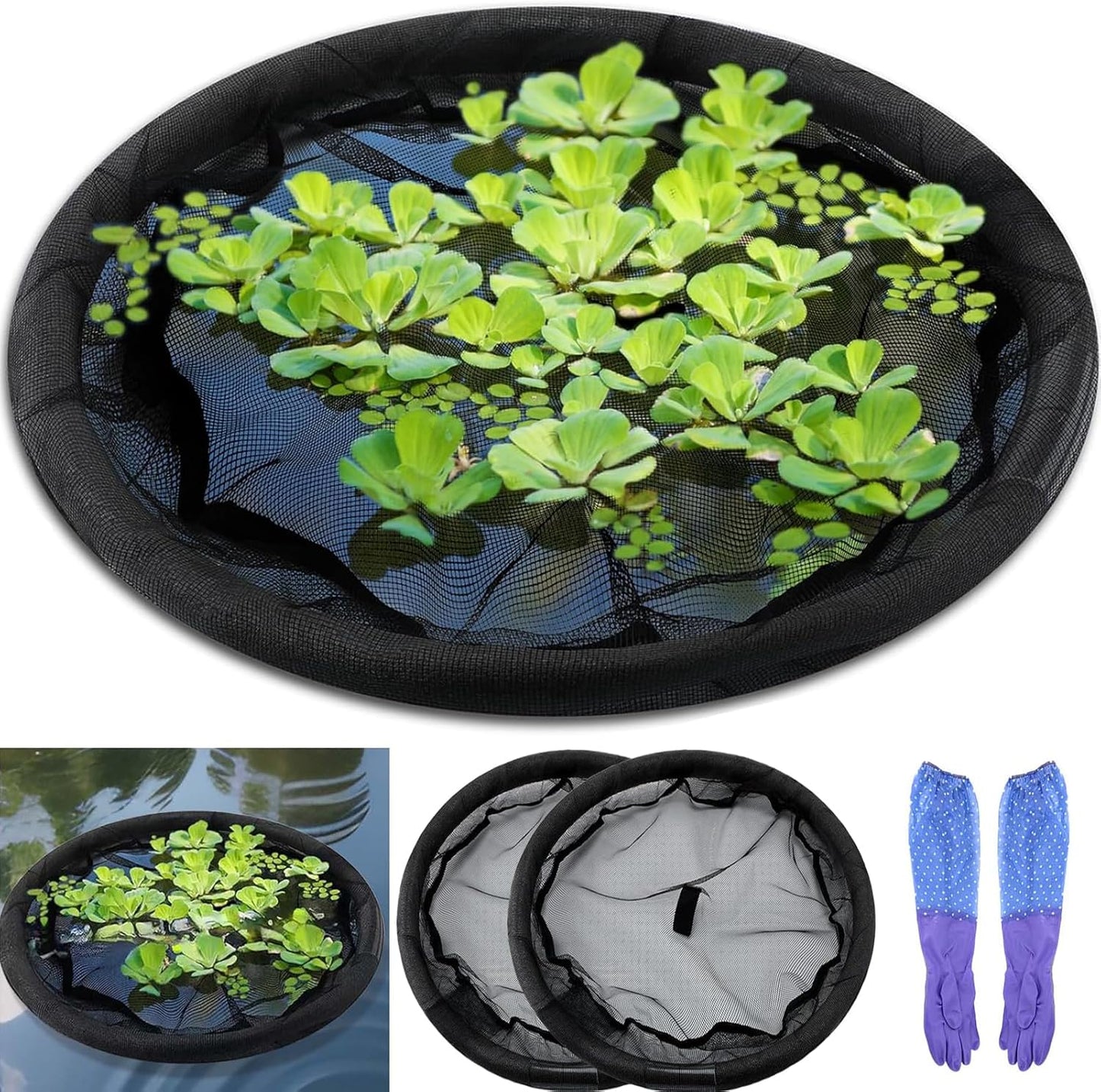 2Pack Round Floating Flora Fish Barrier-23.6Inch Black Pond Plant Protector, Floating Island/Planter Pond,UV Resistant Net to Shield Floating Plant(Lotus/Water Lilies)from Koi, with Waterproof Gloves