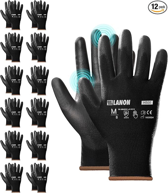 LANON 12 Pairs Safety Work Gloves, Mechanic Working Gloves for Men, PU Coated, Seamless Knit, Lightweight, Black, XL
