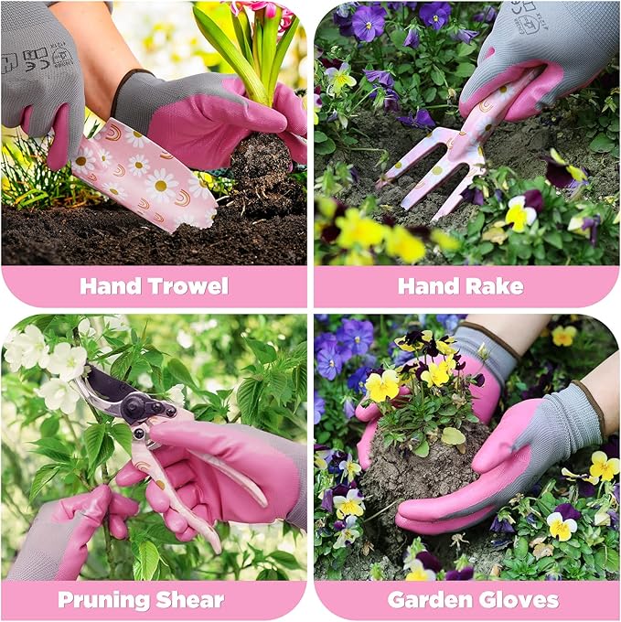 WORKPRO 5PCS Garden Tool Set, Aluminum Heavy Duty Gardening Tool Set with Garden Tool Bag, Outdoor Garden Hand Tools, Pink, Garden Gifts