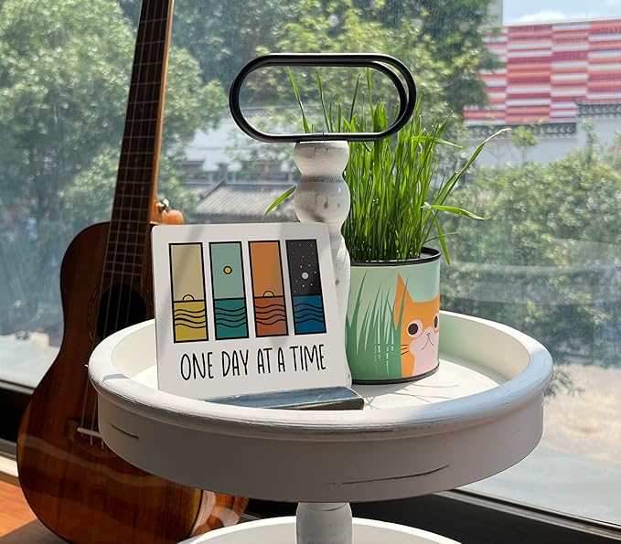Primitive Wooden Sign, One Day at A Time, Desk Plaque with Wooden Stand 4 x 4.3 inches, Modern Decoration, Farmhouse Table Plaque Signs, Rustic Home Decor Plaque, Inspirational Sign, Uplifting Gift A