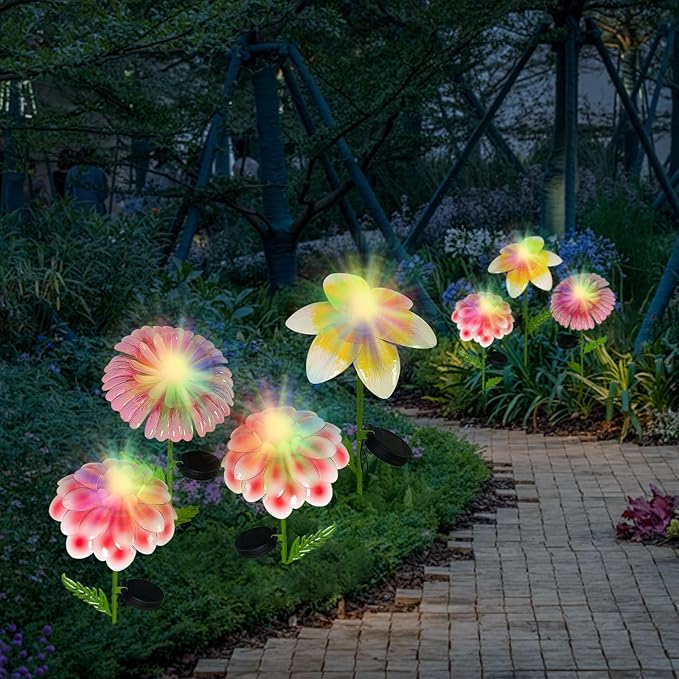 4Pcs 25" Solar Garden Decor for Outside, 3D Metal Flowers for Outside, Valentines Day Garden Stakes Decoration, Solar Lights Garden Decor, Yard Art for Lawn Patio Porch Gifts for Her