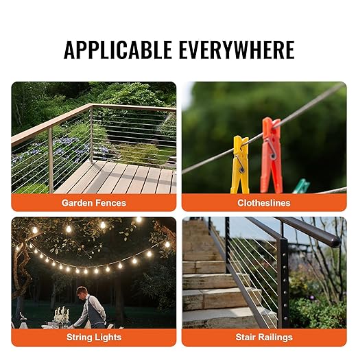 VEVOR Wire Rope Kit, 1/8" 100 ft 304 Stainless Steel Cable with 124 Accessories, 1600 lbs Breaking Strength, 7x7 Strands Construction Marine Aircraft Grade for Handrail Stair Decking Fence Outdoors