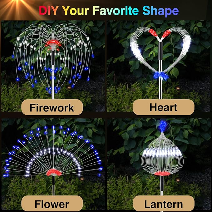4th of July Firework Solar Garden Lights, Red Blue White Solar Firework Lights with 120 LED 2 Lighting Modes, Outdoor Waterproof Yard Lighting for Independence Day Memorial Day Decor, 4 Pack
