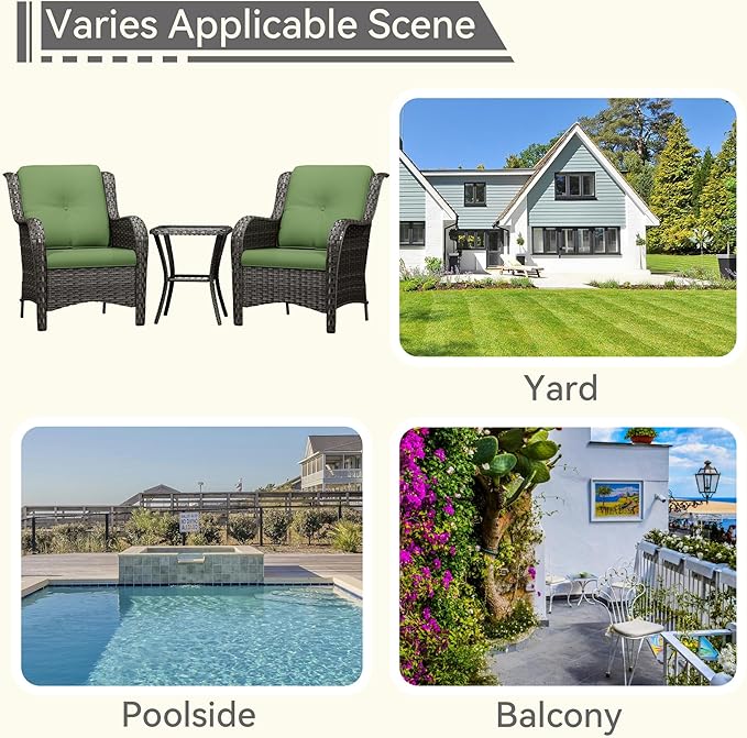 3 Pieces Outdoor Patio Chairs Set - Wicker Patio Conversation Sets with 1 Side Table, Olefin Fabric Cushions Suitable for Backyard Deck and Porch,Green