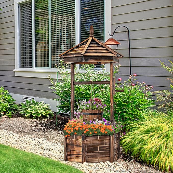 Giantex Rustic Wooden Wishing Well Planter with Hanging Bucket, Roof Shadow, Reinforced Rod, Wishing Wells for Outdoors Backyard Patio Garden Outside Decor