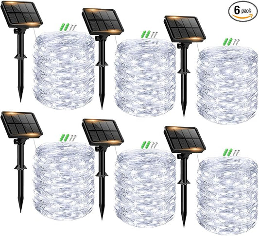 6 Pack Solar Fairy Lights for Outside Waterproof, 49FT/15M 150LED Solar String Lights Outdoor 8 Modes Solar Twinkle Lights for Garden Yard Christmas Tree Wedding Party Decor, Cool White