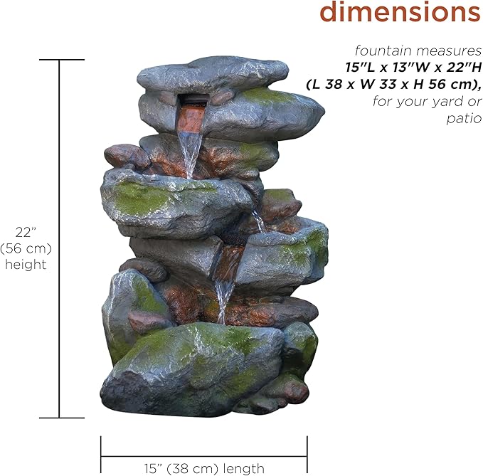 Alpine Corporation WIN582 22" Outdoor 3-Tier Rock Waterfall Fountain with LED Lights for Garden, Patio, Yard, and Porch Decor, Natural Stone Look, Gray