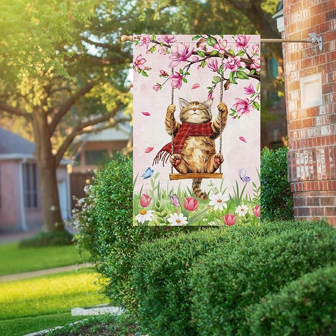 Heyfibro Spring Cute Cat Welcome Garden Flag 28x40 Inch Double Sided Burlap, Summer Magnolia Butterfly Flower Floral Yard Banner for Seasonal Holiday Farmhouse Outdoor Decor(ONLY FLAG)