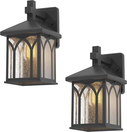 Inlight 11 4/5" High Black Finish and Seeded Glass Outdoor Wall Lantern (Set of 2), Bulb Not Included, IN-0603-1-BK