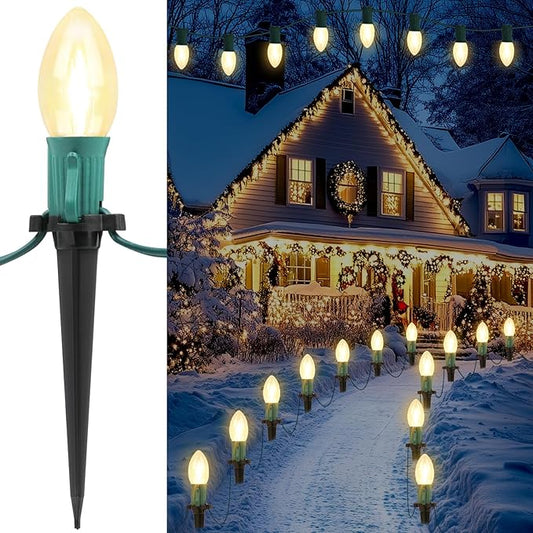 C9 Christmas String Lights for Pathway , 26FT LED 20 Clear Lights with 20 Stakes, Waterproof Shatterproof 2700K Warm White Linkable Walkway Lights for Outdoor Indoor Xmas Driveway Yard Garden Decor