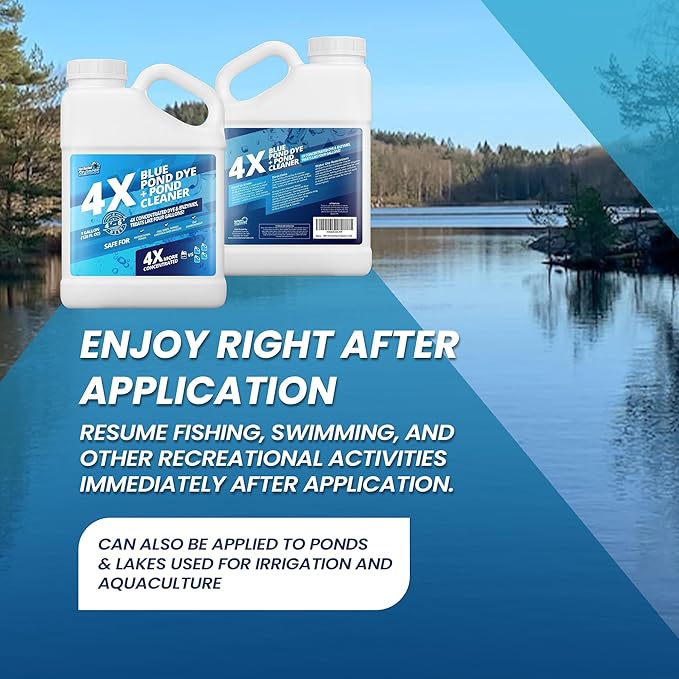 1 Gallon 4X Blue Pond Dye + Pond Cleaner, Blue Dye for Ponds and Lakes, 2-in-1 Lake Colorant + Enzymes, Makes Murky Water Clean & Beautiful, Keeps The Water Cool, Clear, and Ideal for Fish & Wildlife