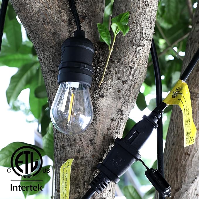 48ft LED Outdoor String Lights with 15+1(Spare) 1W Shatterproof Bulbs, Black Waterproof IP65 Connectable Outdoor Decorative Lights for Garden Patio Cafe Bistro Backyard Porch, UL Listed