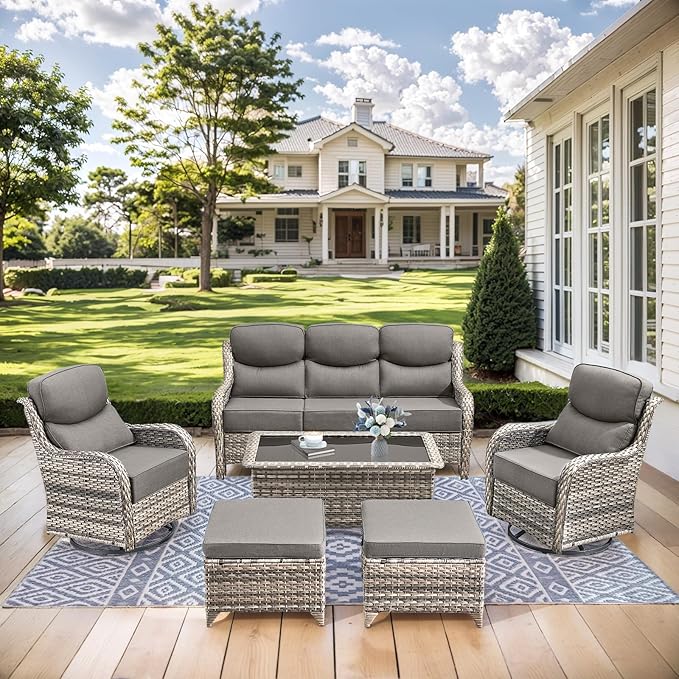 HUMMUH Wicker Patio Furniture Set 6 Inch Thick Cushion Outdoor Swivel Rocker Patio Chairs with Deep Seat Sofa 6PCS Outdoor Furniture Set for Porch Garden Deck