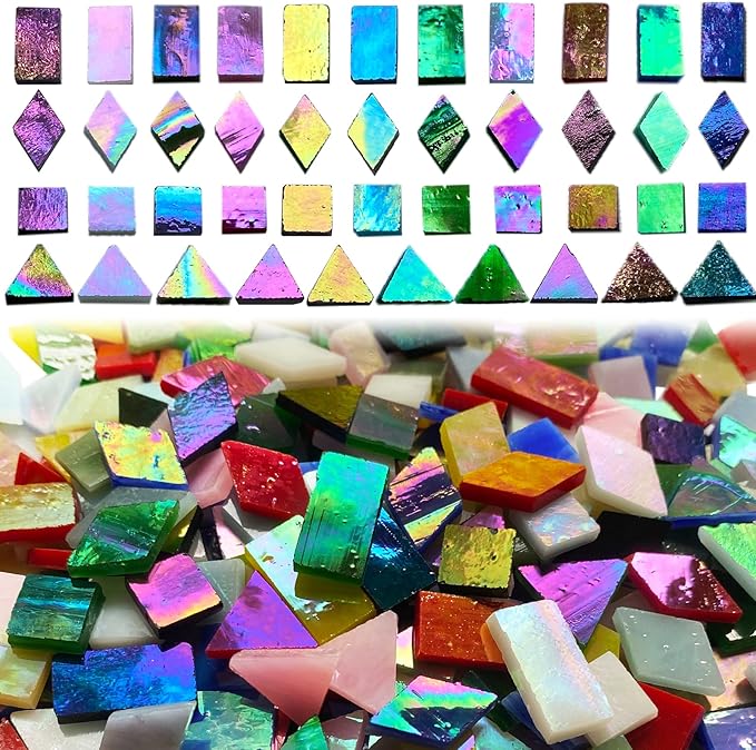510 Pieces Iridescent Glass Mosaic Tiles for Crafts, Mixed 4 Shapes Colorful Stained Glass Pieces Supplies for Mosaic Projects, KALUCION Mosaic Kit for Adults, Assorted Rainbow Colors