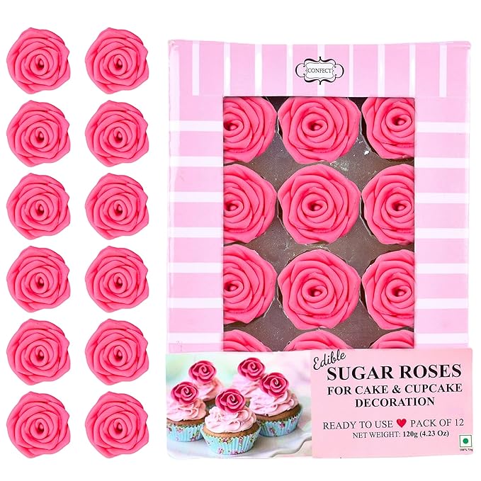 Confect Hot Pink Edible Roses – 12 Pack for Cake & Cupcake Decorating – Vegan, Gluten-Free Floral Toppers for Desserts, Nut-Free & Dairy-Free