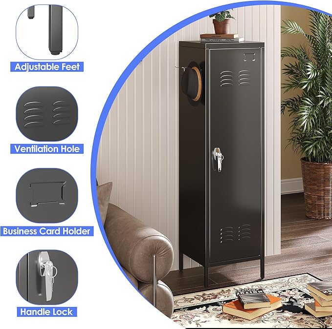 METAN Metal Storage Lockers with 1 Door and 1 Adjustable Shelf,55''H*15''W*15''D Steel Lockers with Hooks for School,Home,Office,Gym,Assembly Required,Black