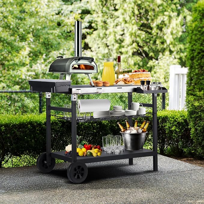 Outdoor Grill Cart, 500lb Dining Cart Table with Three-Shelf, Stainless Steel Rolling Movable Food Prep and Work Table