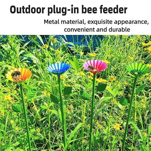 4-Pack Bee Watering Station | Flower-Design Metal Cups | Colorful Garden Decor (Red, Green, Blue, Yellow) | Easy Install | Durable | Bee/Butterfly Feeder & Bath