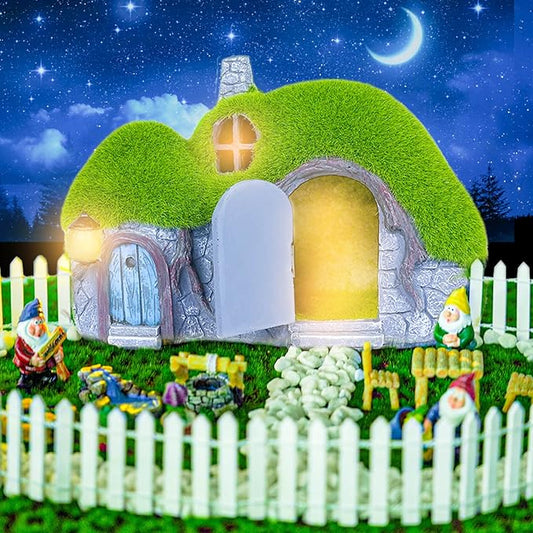 Garden Statues Outdoor Decor - Fairy House with Waterproof Solar Lights Resin Figurines for Yard Lawn Porch Outside Ornament or Garden Gift