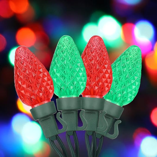 DEWENWILS C7 Red & Green Christmas Lights Outdoor, 33.3ft 50 LED String Lights, Waterproof Connectable Bulb Lights for House, Xmas Tree, Garden, Yard, Porch, Green Wire, UL Listed