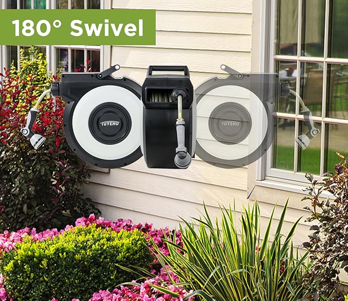 Tuyeho Retractable Garden Hose Reel 130 FT, Wall Mount Heavy Duty Water Hose Reels with Automatic Slow Rewind System, Outdoor Hoses Reel with 2 Hose Nozzles for Garden Watering, Car Wash, Pet Shower