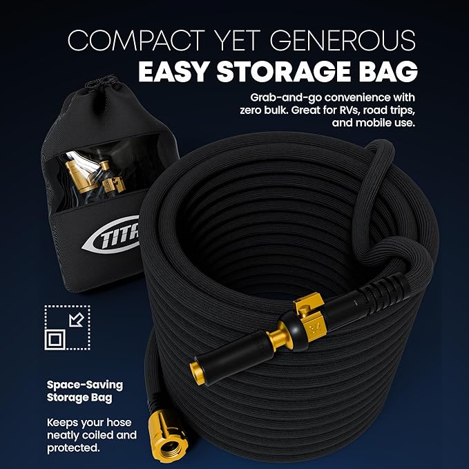TITAN Flexible Garden Hose 10FT – Ultra Lightweight, Heavy Duty Water Hose with Brass Fittings & Jet Nozzle – Kink-Free, Non-Expanding, Durable Fabric Hose for Yard, Lawn, Car Wash, Outdoor Use