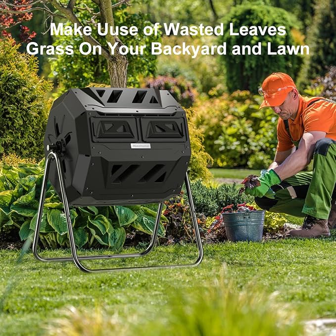 Compost Tumbler Bin Composter Dual Chamber 43 Gallon (Bundled with Pearson's Gardening Gloves)