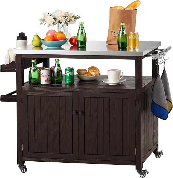 Spurgehom Outdoor Grill Table Solid Wood Storage Cabinet, Rolling Kitchen Island, Movable Bar Cart with Stainless Steel Top for Outside Patio, Backyard, Garden (Two Doors)