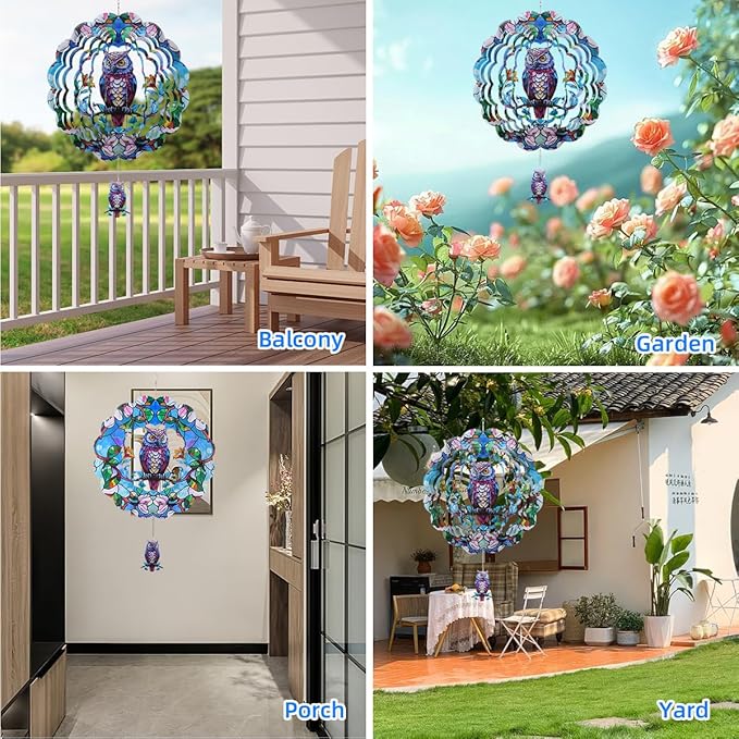 Wind Spinners Outdoor, FACIACC Owl Metal 3D Hanging Garden Decor, 12-inch Stainless Steel Wind Spinner with Tail Spinner, Wind Sculptures for Indoor Patio Lawn Yard, Ornament Gift for Women/Men