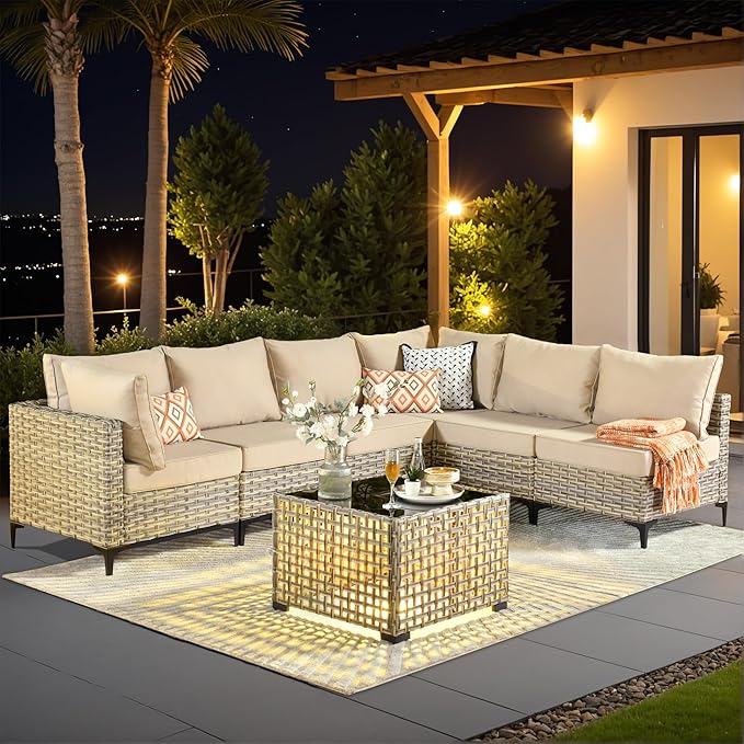 Outdoor Sectional Patio Furniture Set with Glowing Table,7 Pieces Wicker Conversation Sets L Shaped Couch Out Door Sofa Set Outside Furniture for Garden Deck Yard Porch,Beige