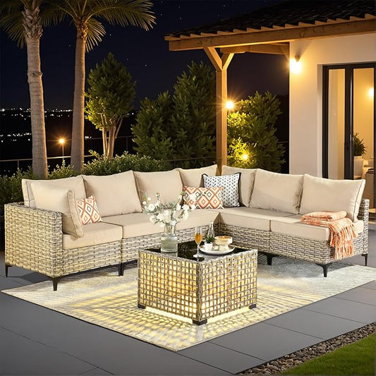 Outdoor Sectional Patio Furniture Set with Glowing Table,7 Pieces Wicker Conversation Sets L Shaped Couch Out Door Sofa Set Outside Furniture for Garden Deck Yard Porch,Beige