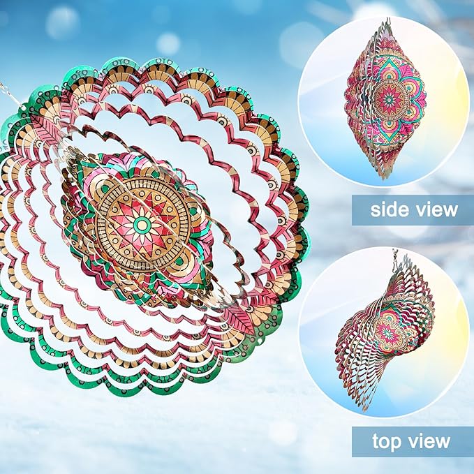 Wind Spinner Mandala Manjusaka Laser Cut Stainless Steel Wind Spinners for Yard and Garden Decoration 3D Kinetic Metal Art Ornament Hanging Wind Sculptures Outdoor Decor Creative Gifts Ideas