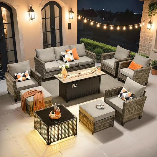 ovios 9 Pieces Patio Furniture Set with 54" Fire Pit Table, Outdoor Sofa Couch with Solar Lights Table Comfy Cushions, Modern Deep Seat Wicker Rattan Conversation Set, Dark Grey