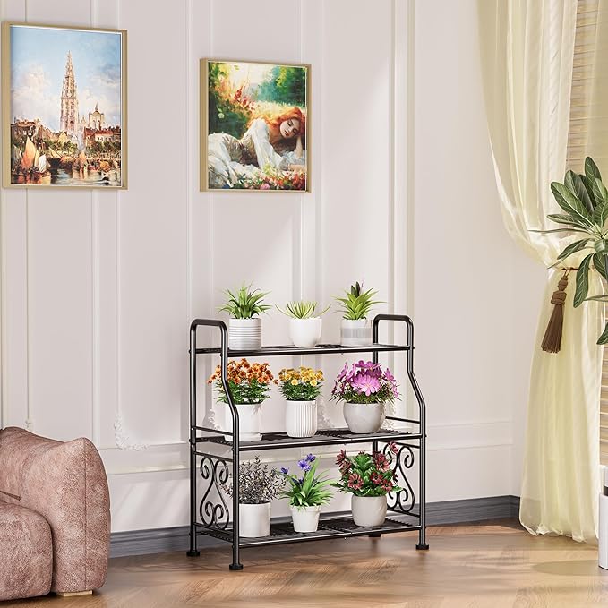 GIOTORENT Plant Stand Outdoor Indoor 3 Tier Metal Waterproof - 29.1" Plant Shelf for Patio, Balcony, Living Room, Large Capacity Tiered Plant Rack, Black