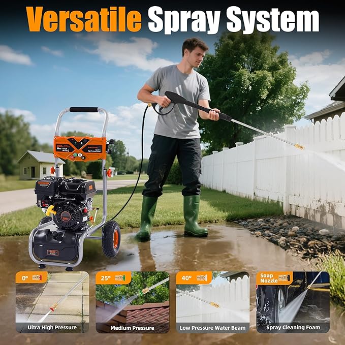 3500 PSI Gas Pressure Washer, 2.3 GPM Heavy-Duty High-Power Cleaner with 209CC 7HP Engine, 25Ft Hose, Axial Aluminum Pump, Soap Tank & 4 Quick-Connect Adjustable Nozzles (Orange)