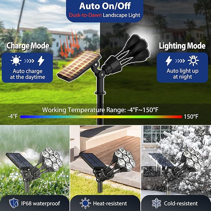 Solar Lights Outdoor Waterproof IP68, 360° Adjustable 4 Modes Solar Powered Spot Lights for Yard Garden Landscape, Bright Led Flood Lightings for Outside Wall Tree House Pathway (Cold White/4 Pack)