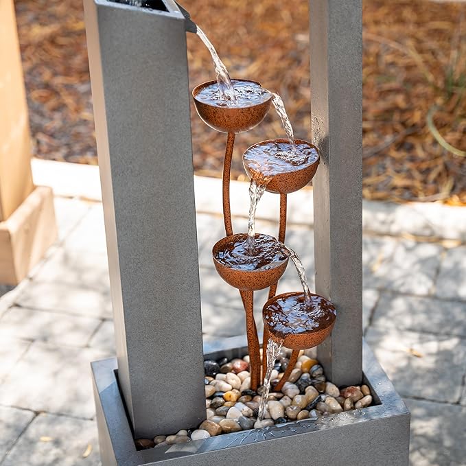 XBrand Freestanding Sculptural Metal Multi-Tiered Flower Water Fountain, No LED Lights, Gray and Bronze, 38" Tall