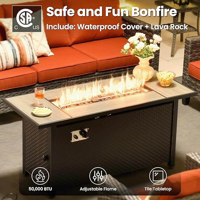 ovios 9 Pieces Patio Furniture Set with 54" Fire Pit Table, Outdoor Sofa Couch with Solar Lights Table Comfy Cushions, Modern Deep Seat Wicker Rattan Conversation Set, Orange Red