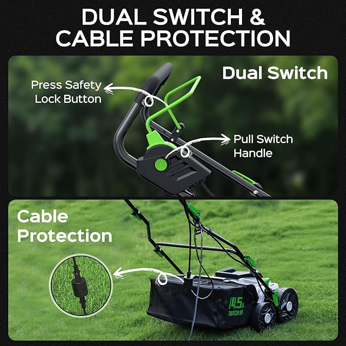 16-Inch 15.5 Amp 2-in-1 Electric Dethatcher and Scarifier with 14.5-Gallon Removable Thatch Collection Bag, Lawn Dethatcher with 5-Position Depth Adjustment, Quick-Fold, Keeps Lawn Healthy