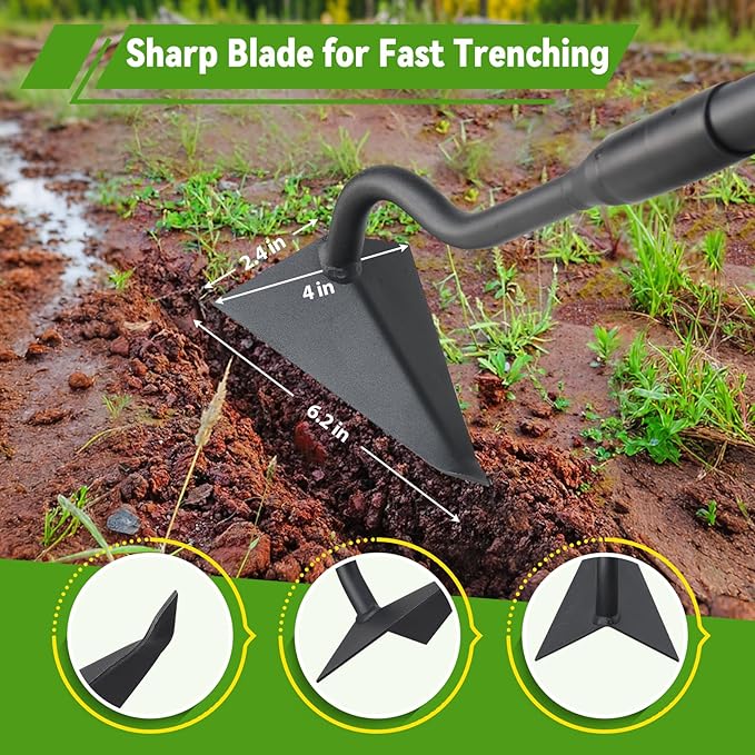 Garden Hoe, Heavy Duty Plow Hoe Garden Tool for Plowing,Cultivating, Trenching, Ridging, Weeding, Loosening Soil, 55 Inch Long Handle, V Shaped Sharp Triangle Hoe, Gardening Hand Tools